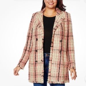 NWOT - G By Giuliana Bouclé Tweed Pink Plaid  Double Breasted Blazer - Size L